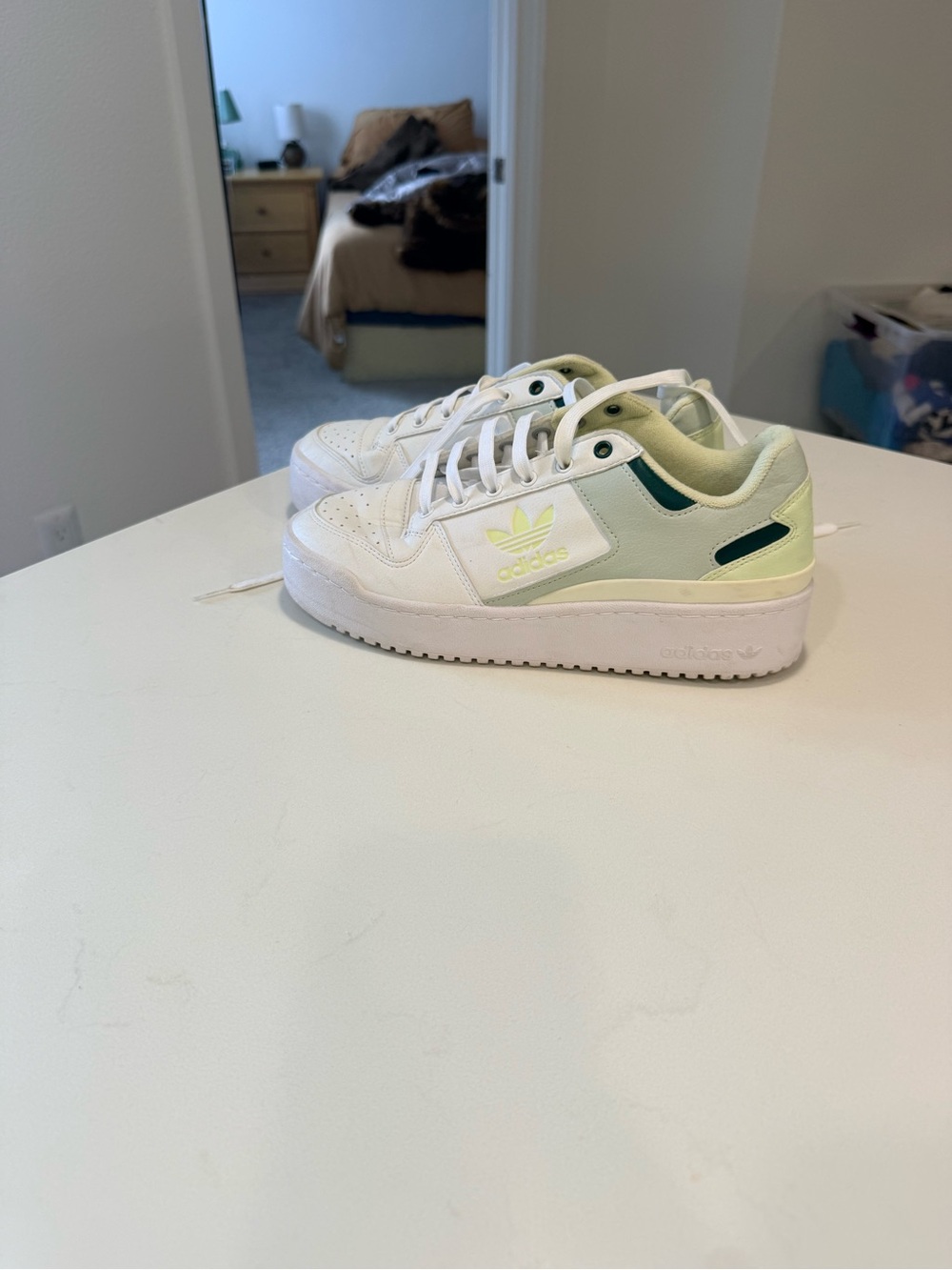 adidas Kids White Sneakers with Light Green Accents